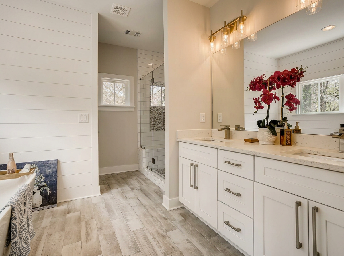 Farmhouse bathroom with shiplap walls and dual vanity