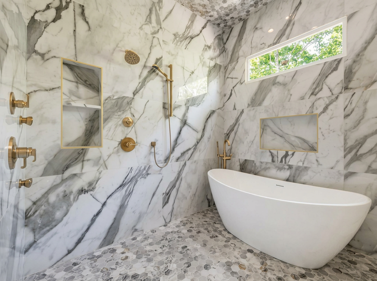 Luxury marble wet room with freestanding tub and gold fixtures