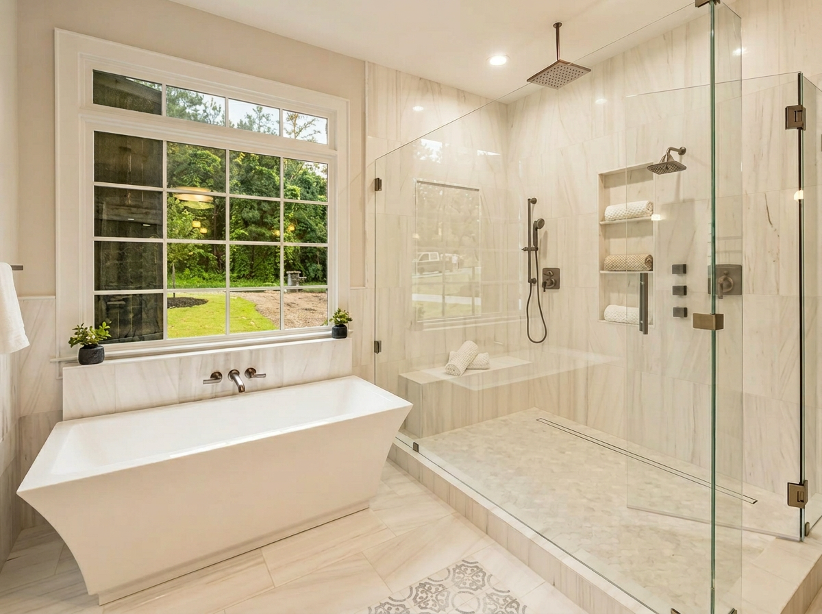 Elegant master bath with glass shower and patterned tile floor