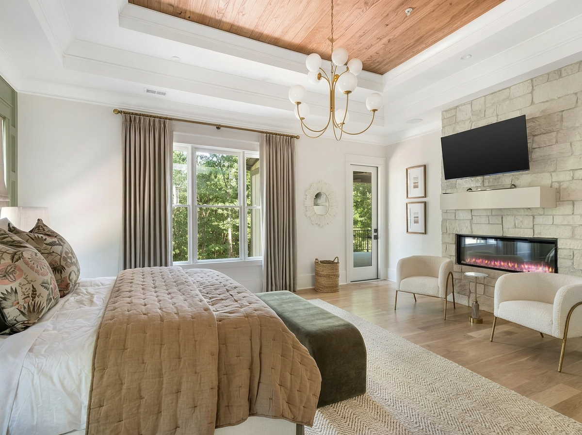 Master suite with wood tray ceiling, stone fireplace and balcony access