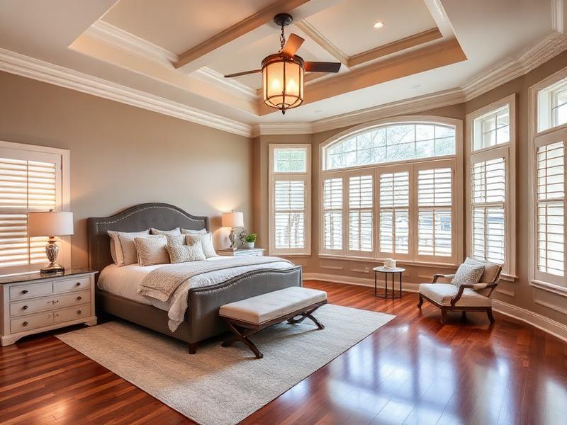 Luxurious master bedroom with tray ceiling and bay windows