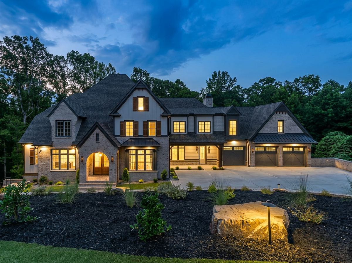 Custom home exterior with brick and board & batten at twilight