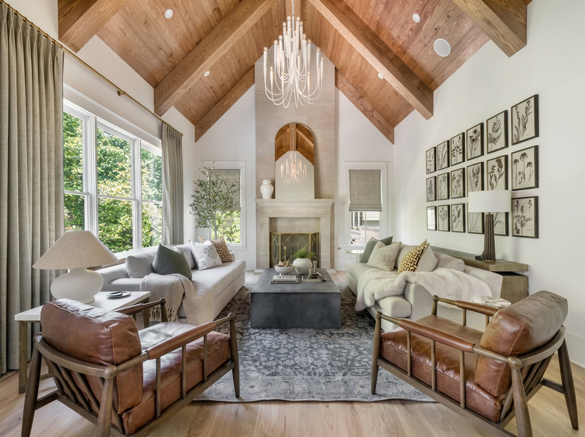 Great room with vaulted wood beam ceiling and modern chandelier