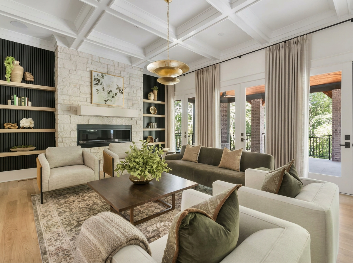 Living room with coffered ceiling, stone fireplace and brass pendant