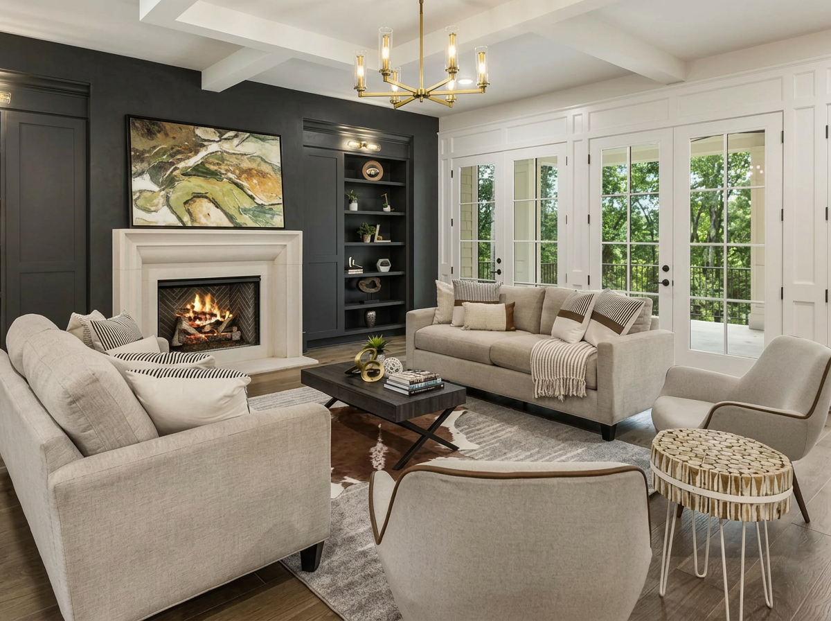 Sophisticated living room with dark accent wall and herringbone fireplace