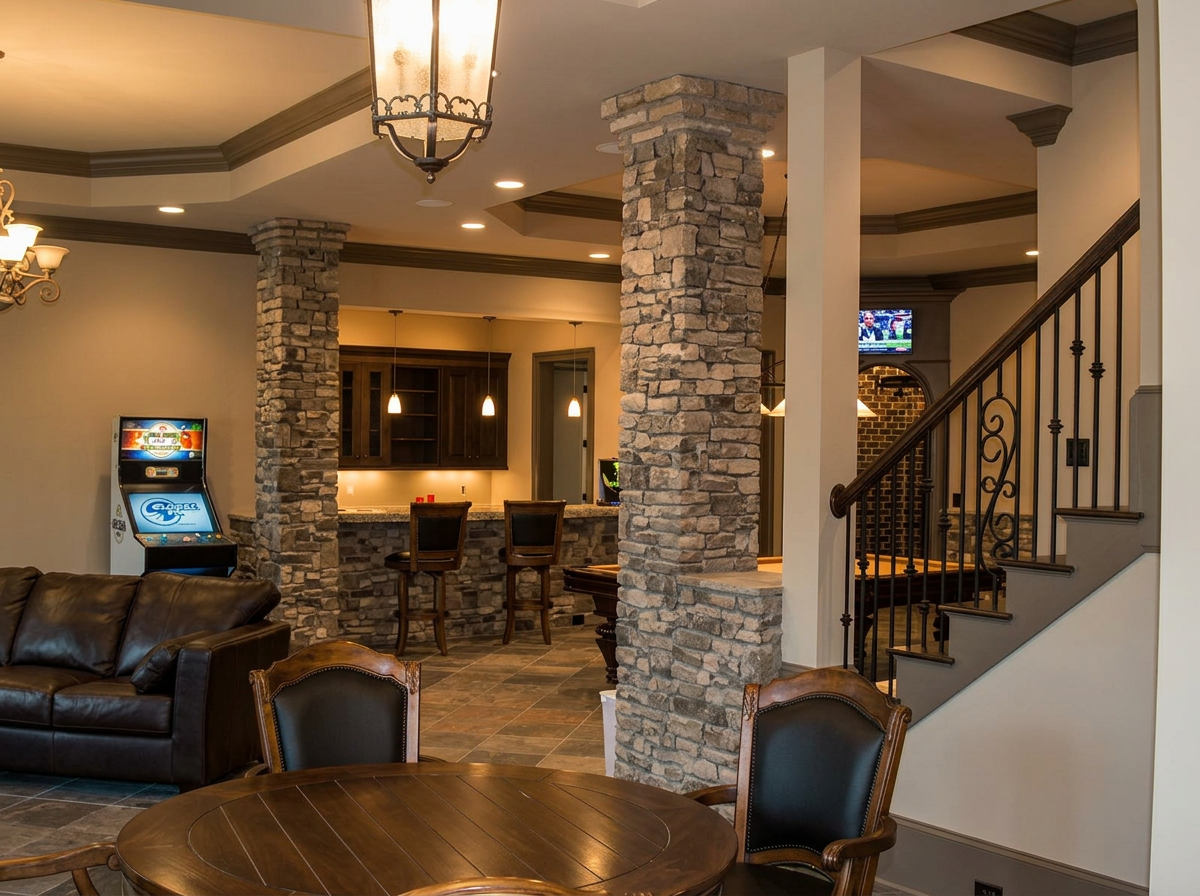 Luxury terrace level entertainment area with stone columns and bar