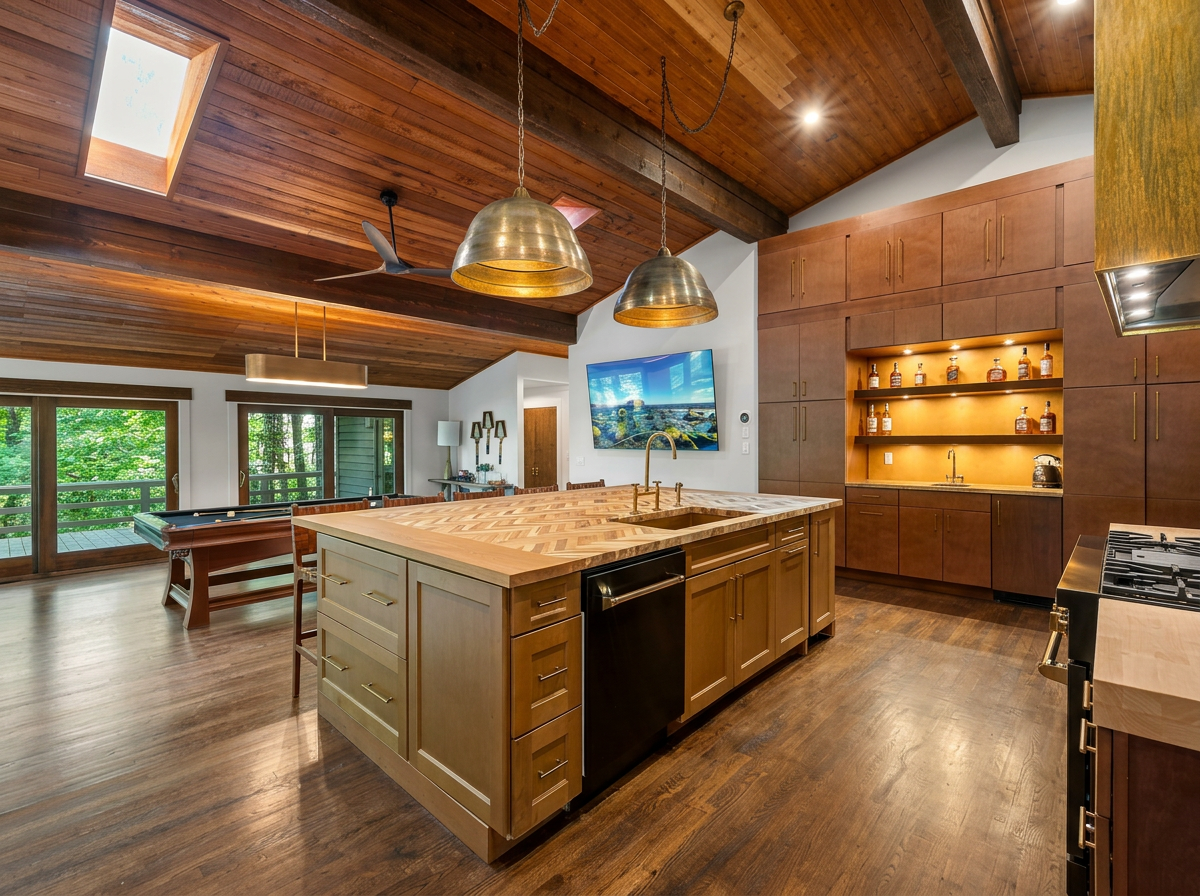 Open-concept kitchen and living with vaulted wood ceiling and brass pendants